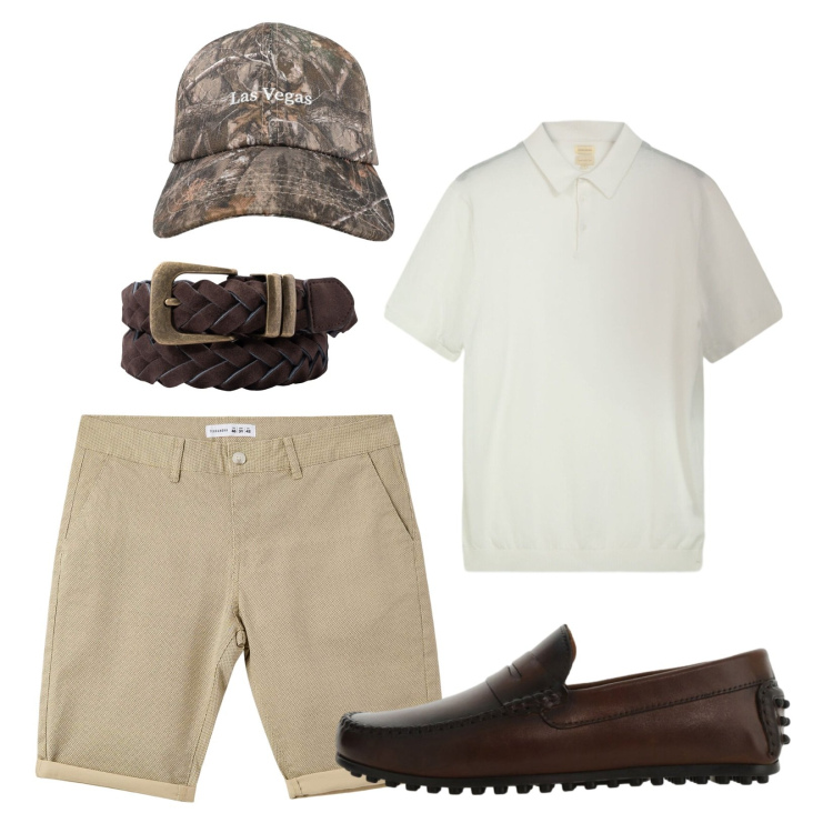 Outfit uomo - Barca style. Stile Casual per Mare. Abbinamento con scarpe stringate, pantaloni corti, cappelli con visiera, polo, cinture.