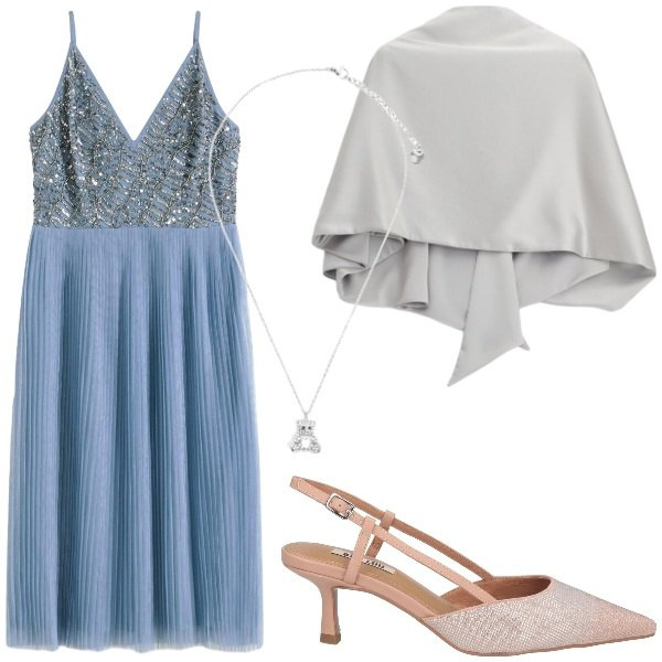Outfit donna - Le sere d’agosto. Stile Glamour per Serata fuori. Abbinamento con décolleté, vestiti midi/longuette, scialli, ciondoli.