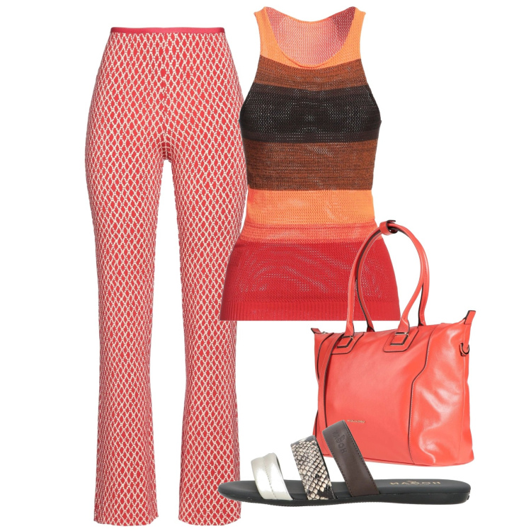 Outfit donna - Agosto aragosta. Stile Bon Ton per Tutti i giorni. Abbinamento con leggings, top, sandali in pelle, zaini.