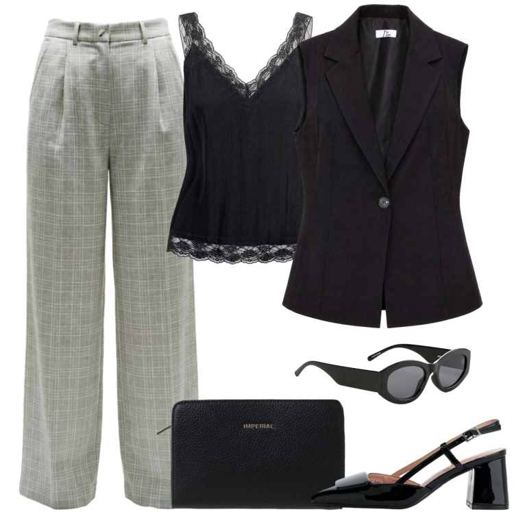 Outfit donna - Mannish. Stile Mannish per Ufficio. Abbinamento con occhiali da sole, canottiere, gilet, pantaloni a palazzo, décolleté, borse a tracolla.