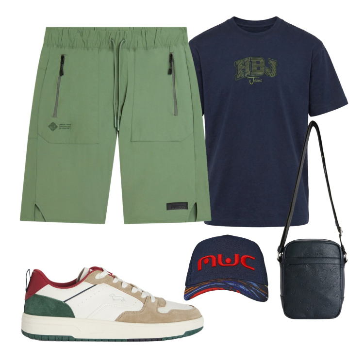 Outfit uomo - Passeggiata tra borghi. Stile Casual per Tutti i giorni. Abbinamento con sneakers, borse sportive, t-shirt, cappelli con visiera, bermuda.