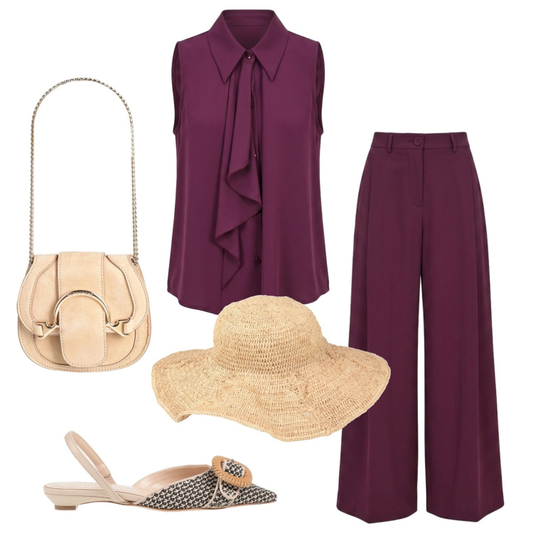 Outfit donna - Cerimonia informale. Stile Minimal per Cerimonia. Abbinamento con marsupi, cappelli, ballerine, pantaloni a palazzo, top.