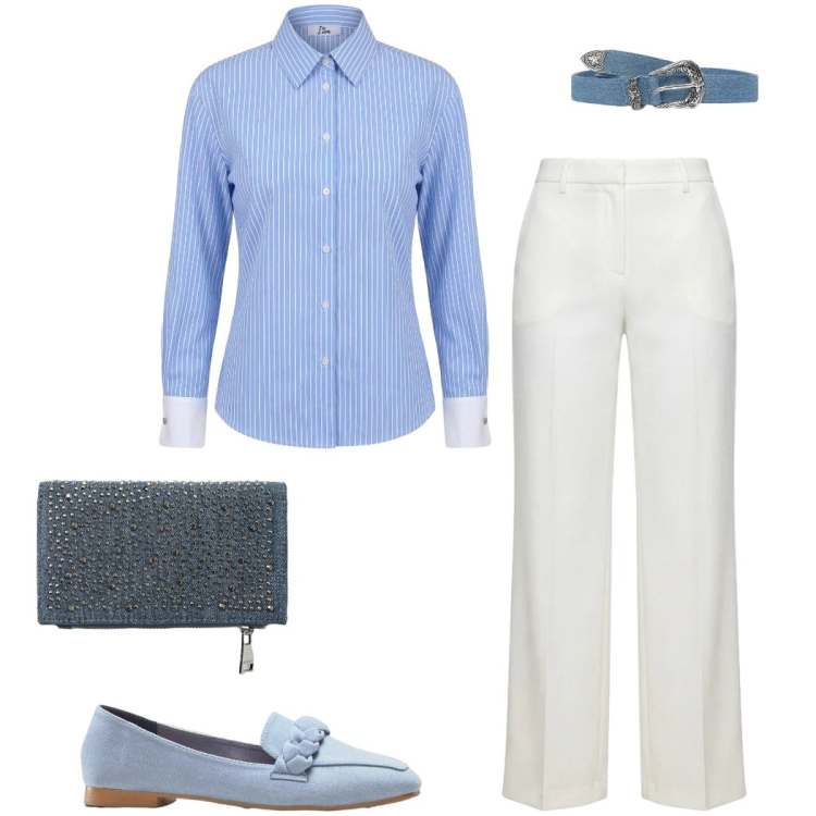 Outfit donna - A righe. Stile Casual chic per Ufficio. Abbinamento con mocassini, cinture, portafogli, pantaloni a palazzo, camicie.