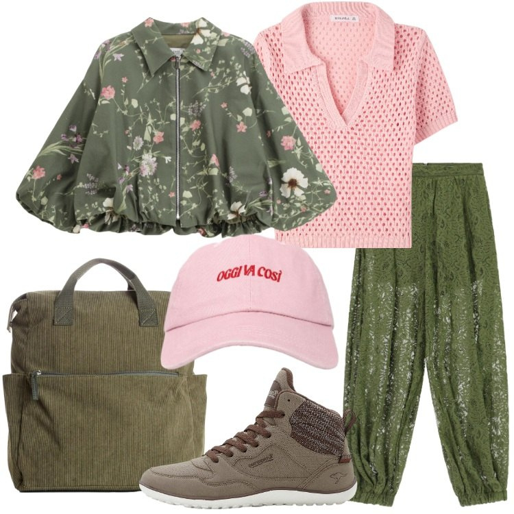 Outfit donna - Agosto, non ci sono per nessuno!. Stile Urban per Tutti i giorni. Abbinamento con zaini, sneakers alte, polo, cappelli con visiera, bomber, pantaloni a palazzo.