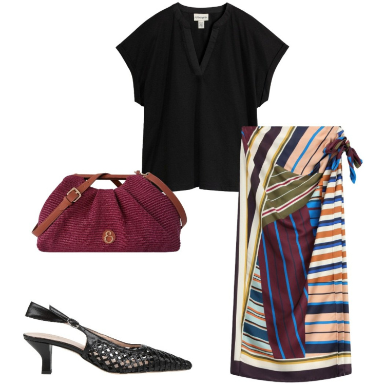 Outfit donna - A righe. Stile Chic per Serata fuori. Abbinamento con décolleté, t-shirt, gonne lunghe, clutch.