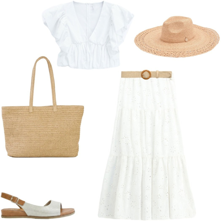 Outfit donna - Vacanze boho al mare. Stile Boho per Mare. Abbinamento con shopping bag, sandali, cinture, top, gonne longuette, cappelli.