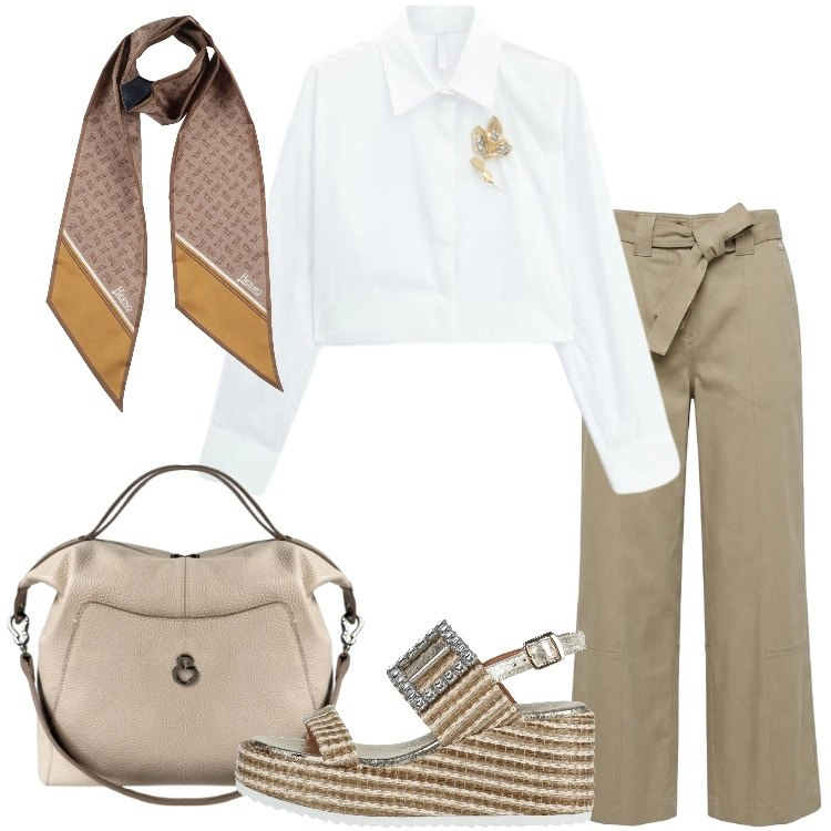 Outfit donna - Agosto per chi lavora - @tiffany22. Stile Urban per Ufficio. Abbinamento con sandali in pelle, sciarpe, pantaloni, camicie, borse a mano.