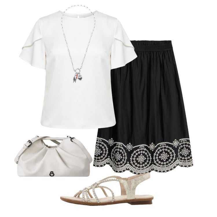 Outfit donna - Eleganza al chiaro di luna. Stile Chic per Serata fuori. Abbinamento con gonne longuette, sandali, bluse, ciondoli, clutch.