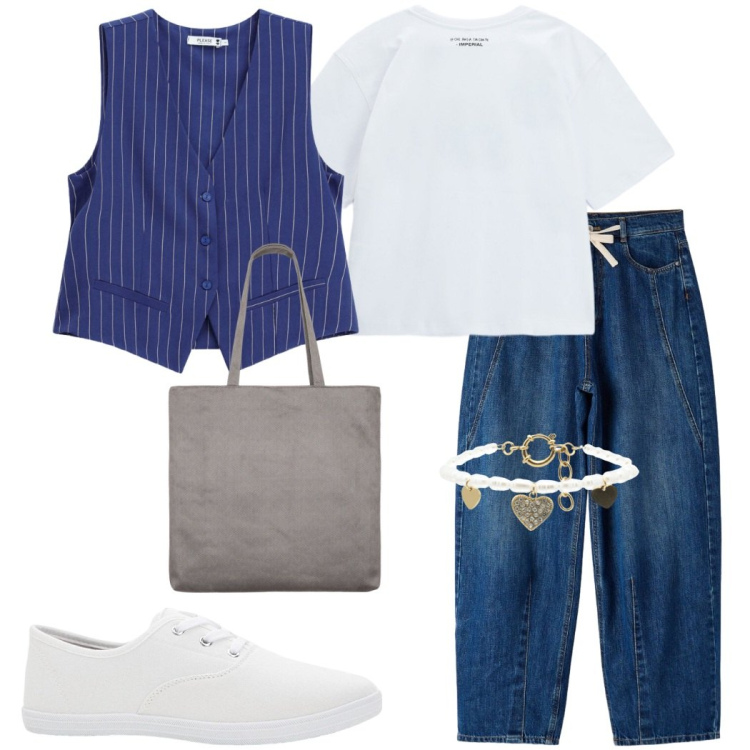 Outfit donna - Agosto... fuori ufficio. Stile Casual chic per Tutti i giorni. Abbinamento con sneakers, jeans, shopping bag, gilet, t-shirt, braccialetti.