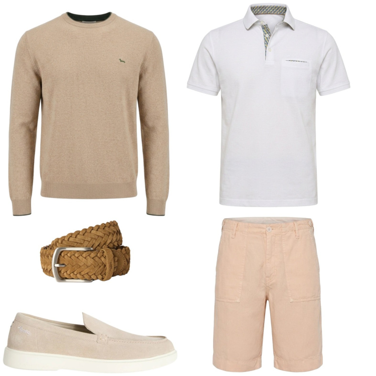 Outfit uomo - Pomeriggio in barca. Stile Casual per Mare. Abbinamento con scarpe stringate, bermuda, cinture, maglieria, polo.