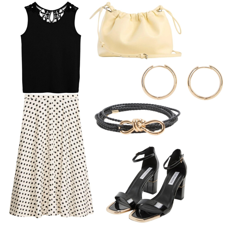 Outfit donna - Cena vista mare. Stile Chic per Serata fuori. Abbinamento con canottiere, orecchini, gonne longuette, borse a tracolla, cinture, sabot.