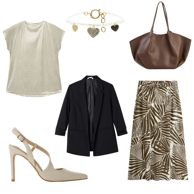 Outfit donna - Jungle vibes. Stile Casual chic per Tutti i giorni. Abbinamento con shopping bag, gonne, t-shirt, blazer, décolleté, braccialetti.