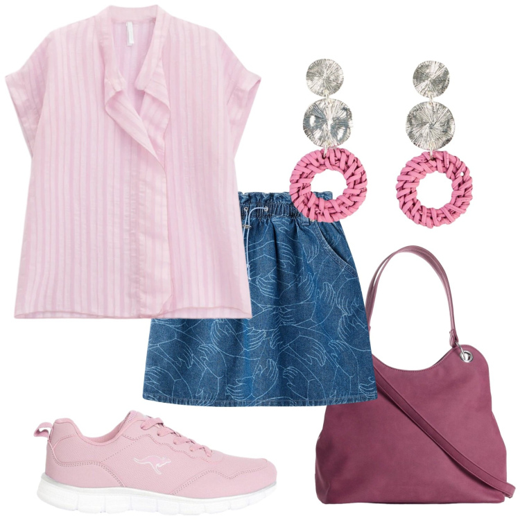 Outfit donna - La blusa a righe. Stile Trendy per Tutti i giorni. Abbinamento con borse a mano, sneakers, orecchini, bluse, minigonne.