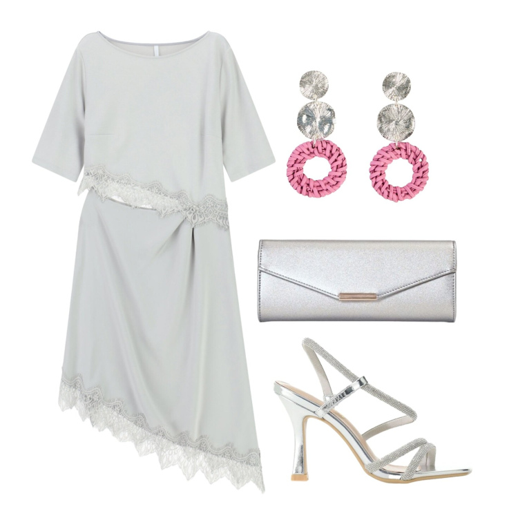Outfit donna - Luminosa in vacanza. Stile Chic per Mare. Abbinamento con orecchini, vestiti asimmetrici, sandali col tacco, clutch.