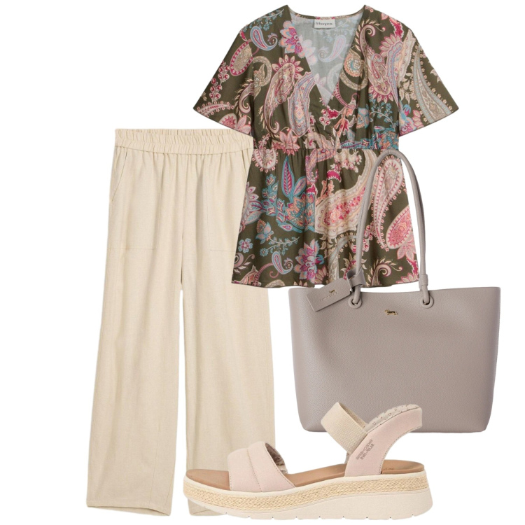 Outfit donna - Agosto. Stile Bon Ton per Tutti i giorni. Abbinamento con pantaloni, sandali, bluse, shopping bag.