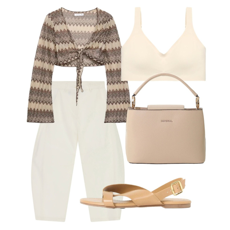 Outfit donna - Agosto. Stile Bon Ton per Tutti i giorni. Abbinamento con sandali, pantaloni a palazzo, borse a secchiello, blazer, reggiseni.