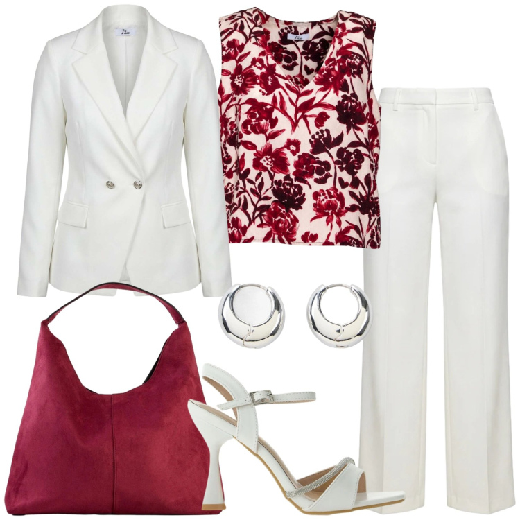 Outfit donna - Un completo total White. Stile Chic per Cerimonia. Abbinamento con borse a spalla, orecchini, canottiere, blazer, pantaloni a palazzo, sandali gioiello.