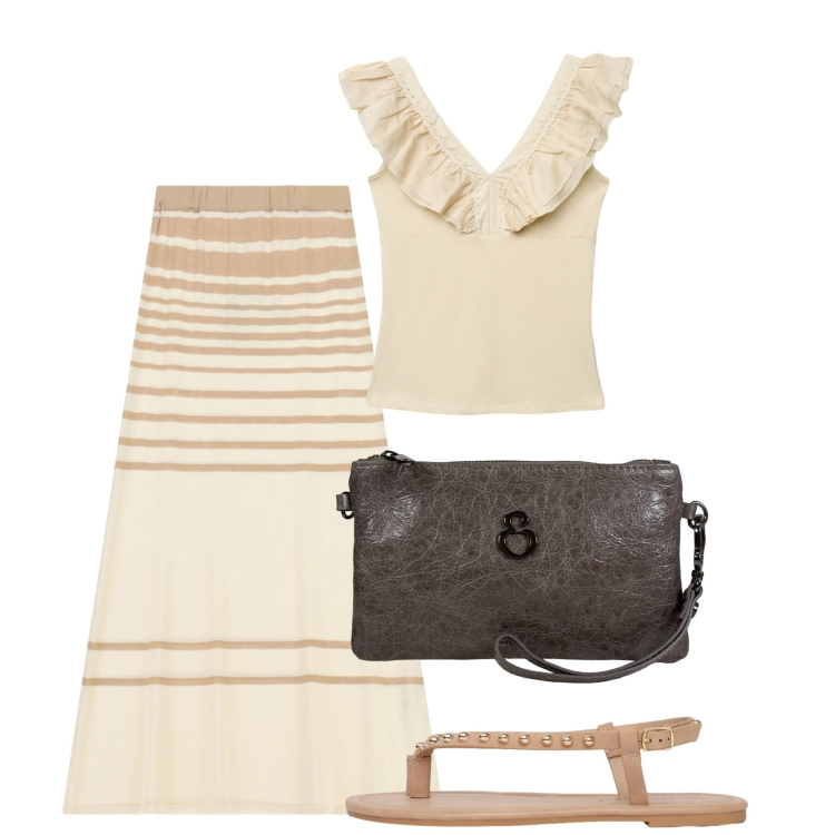 Outfit donna - Agosto. Stile Bon Ton per Tutti i giorni. Abbinamento con gonne lunghe, ciabatte, canottiere, pochette.
