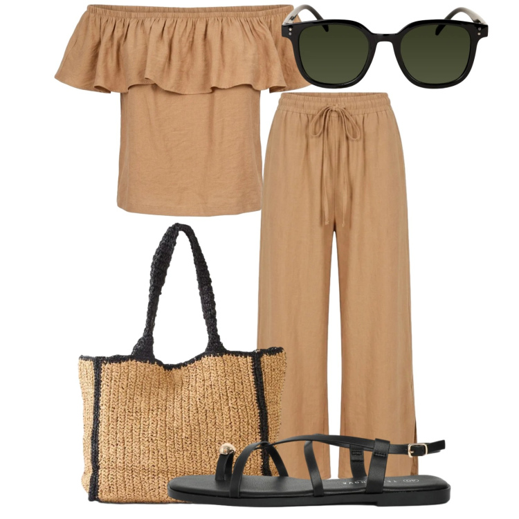 Outfit donna - Un bellissimo completo. Stile Boho per Tutti i giorni. Abbinamento con shopping bag, sandali, occhiali da sole, pantaloni, top.