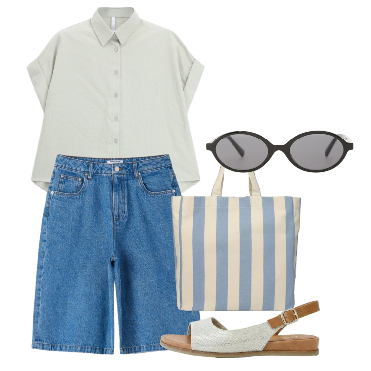 Outfit donna - Agosto. Stile Casual per Tutti i giorni. Abbinamento con sandali, shopping bag, bermuda, camicie a manica corta, occhiali da sole.