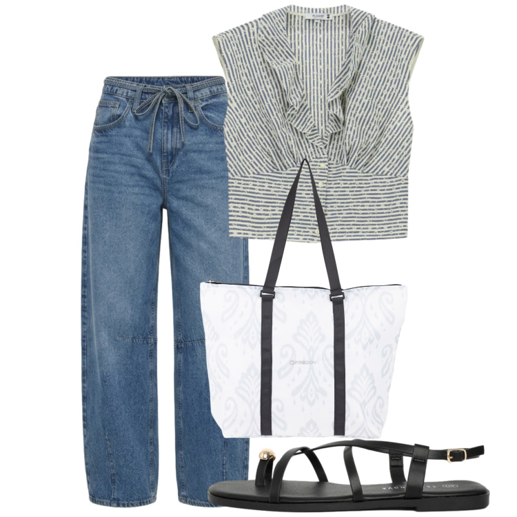 Outfit donna - Agosto. Stile Bon Ton per Tutti i giorni. Abbinamento con jeans, sandali, shopping bag, camicie.