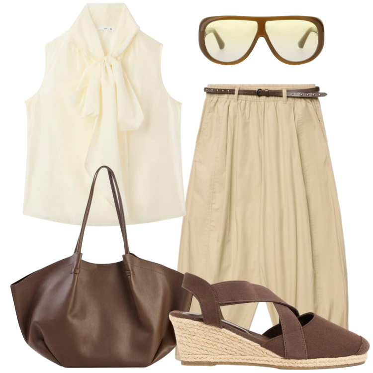 Outfit donna - Eleganti accostamenti. Stile Trendy per Tutti i giorni. Abbinamento con shopping bag, zeppe, pantaloni, bluse, occhiali da sole.