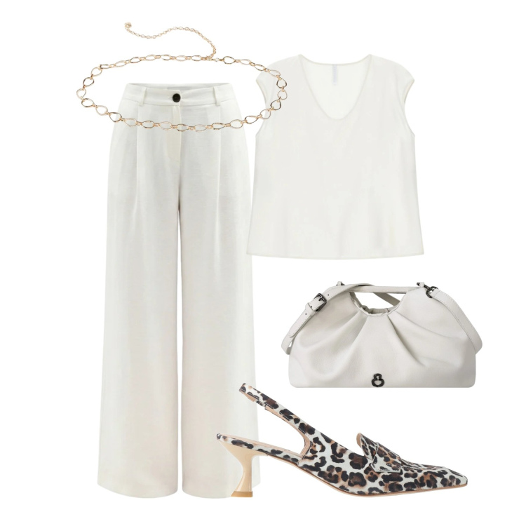 Outfit donna - Look elegante minimal. Stile Minimal per Serata fuori. Abbinamento con décolleté, cinture, top, pantaloni a palazzo, clutch.