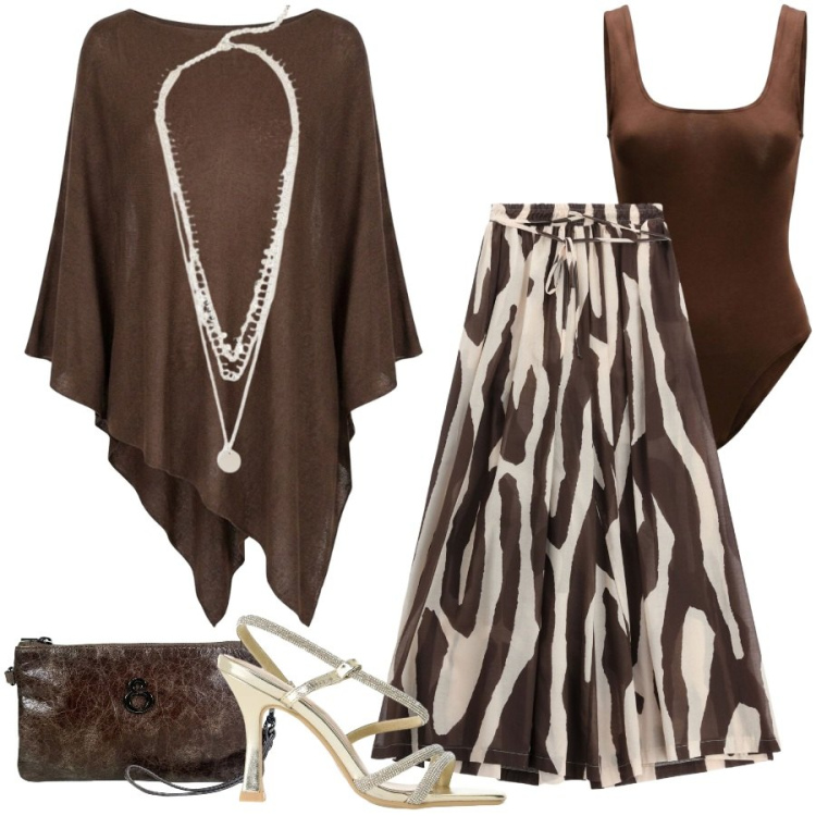 Outfit donna - Gioco di sovrapposizioni. Stile Chic per Serata fuori. Abbinamento con collane, body, pantaloni a palazzo, sandali col tacco, cappotti, pochette.