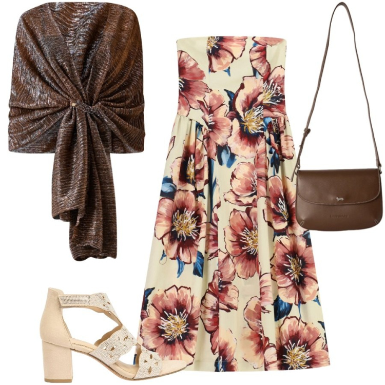 Outfit donna - Cena vista mare. Stile Romantica per Serata fuori. Abbinamento con sandali col tacco, borse a tracolla, vestiti midi/longuette, stole.