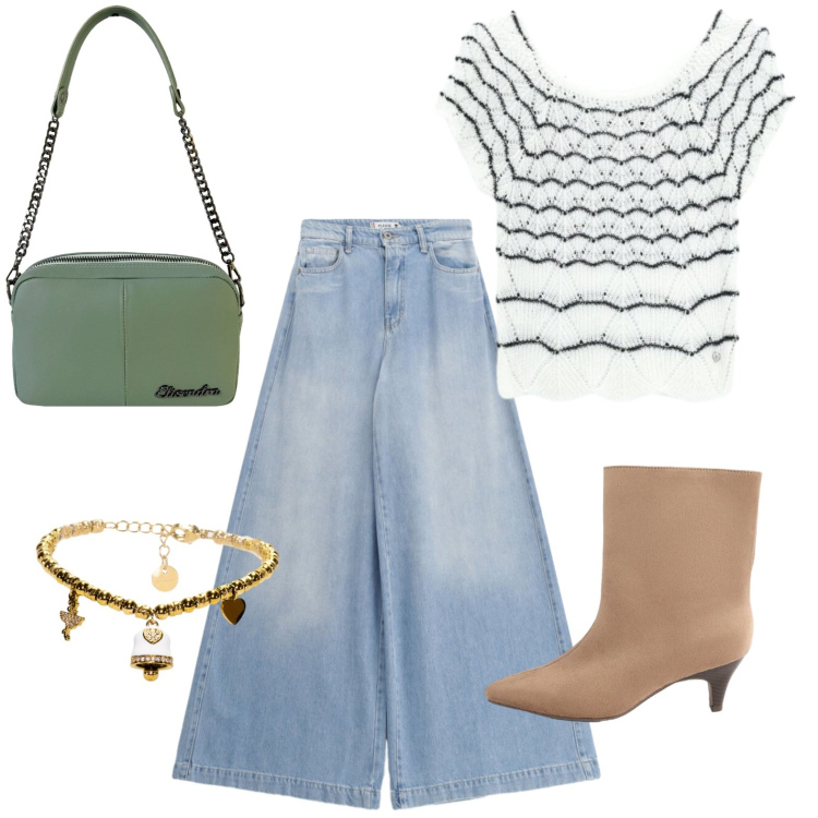 Outfit donna - Pantapalzzo e top in crochet. Stile Casual per Tutti i giorni. Abbinamento con stivaletti, jeans, canottiere, braccialetti, borse a tracolla.