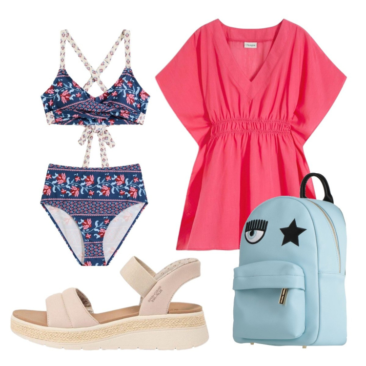Outfit donna - Lu mare lu sule e lu ientu. Stile Glamour per Mare. Abbinamento con zaini, vestiti da spiaggia, bikini, sandali.