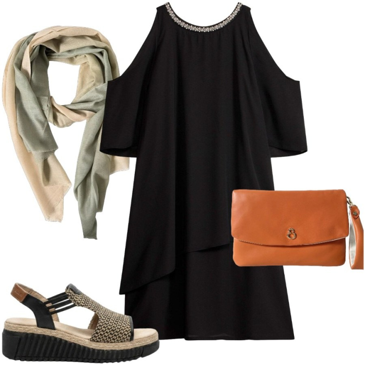 Outfit donna - Cena al mare. Stile Etnico per Serata fuori. Abbinamento con vestiti, sandali, pochette, foulard.