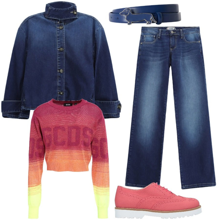 Outfit donna - Total look #2454858. Stile Casual chic per Scuola/Università. Abbinamento con pullovers, scarpe stringate, cinture, cappotti, jeans dritti.