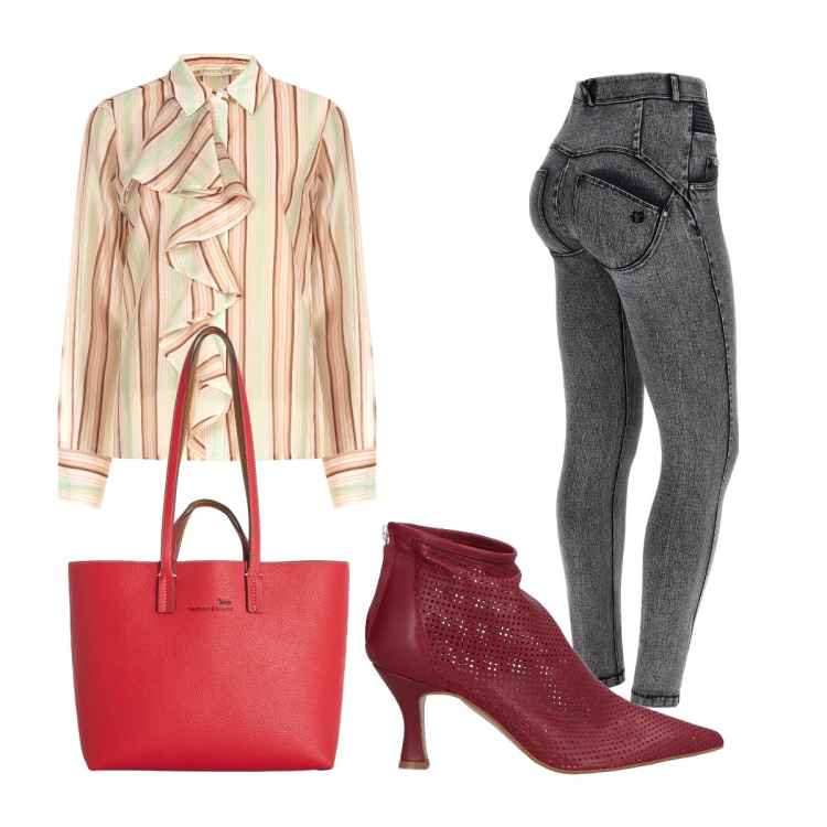 Outfit donna - Estate dai toni rossi. Stile Trendy per Serata fuori. Abbinamento con stivaletti, shopping bag, camicie, jeans skinny.