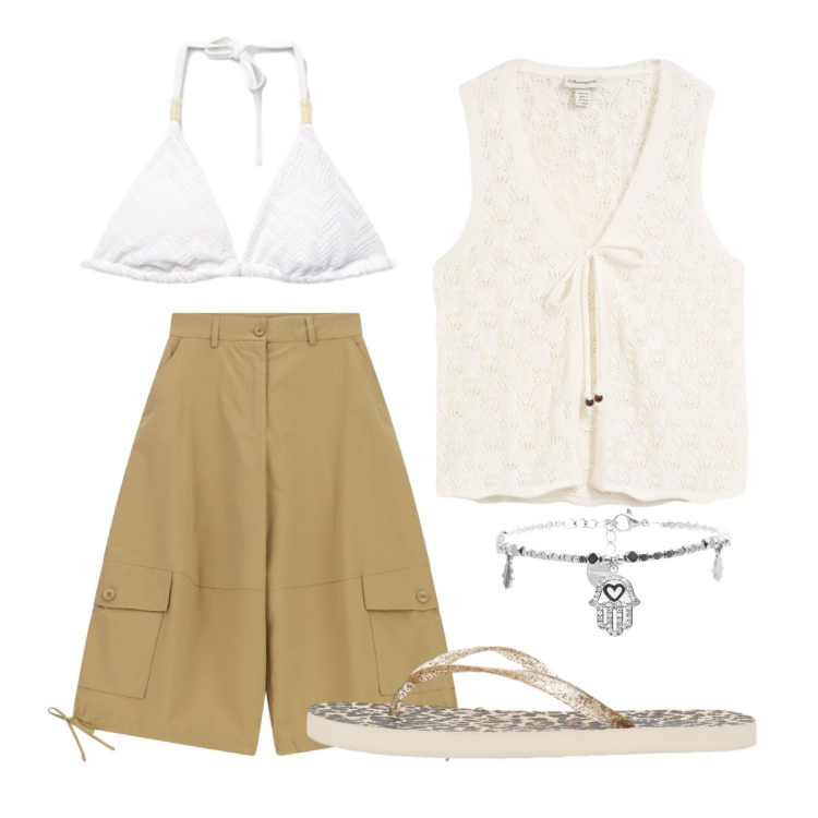 Outfit donna - Agosto. Stile Boho per Serata fuori. Abbinamento con maglieria, infradito, bikini, pantaloni a palazzo, braccialetti.