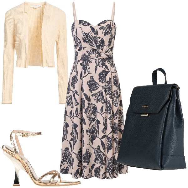 Outfit donna - Cena in vacanza. Stile Glamour per Tutti i giorni. Abbinamento con sandali in pelle, cardigans, zaini, vestiti midi/longuette.
