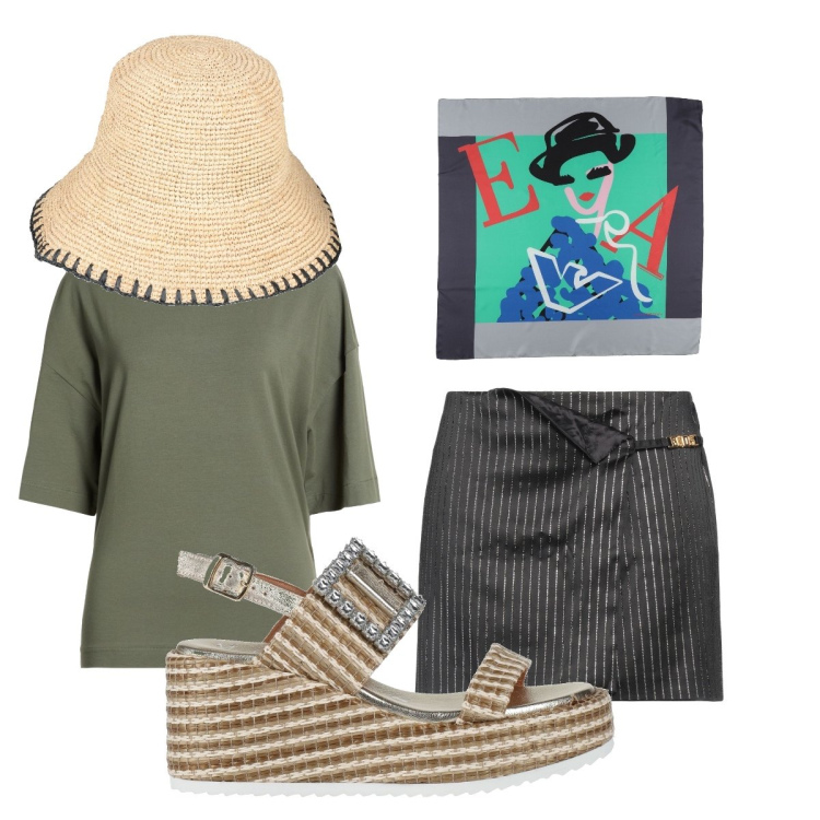 Outfit donna - Città di mare. Stile Trendy per Tutti i giorni. Abbinamento con minigonne, t-shirt, sandali in pelle, sciarpe, cappelli con visiera.