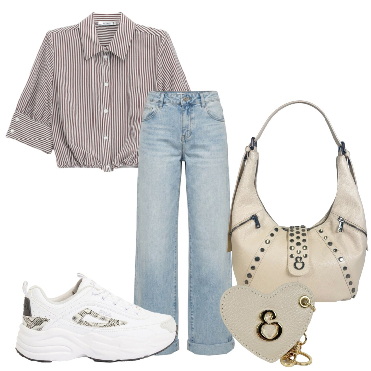 Outfit donna - Righe ad agosto. Stile Chic per Tutti i giorni. Abbinamento con sneakers, camicie a manica corta, borse a spalla, portachiavi, jeans.