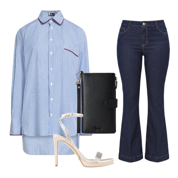 Outfit donna - Aperitivo in terrazza curvy. Stile Urban per Serata fuori. Abbinamento con camicie, sandali col tacco, portafogli, jeans a zampa.