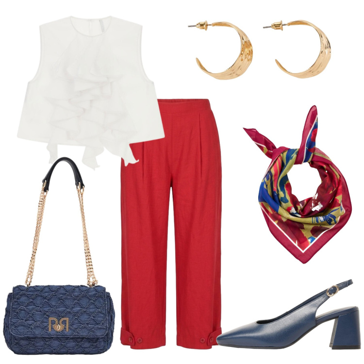 Outfit donna - Back to work. Stile Casual chic per Tutti i giorni. Abbinamento con décolleté, orecchini, foulard, top, pantaloni, borse a spalla.
