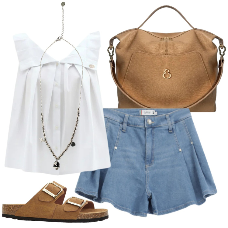 Outfit donna - Un pieno di freschezza. Stile Boho per Tutti i giorni. Abbinamento con ciabatte, bluse, shorts, ciondoli, borse a mano.
