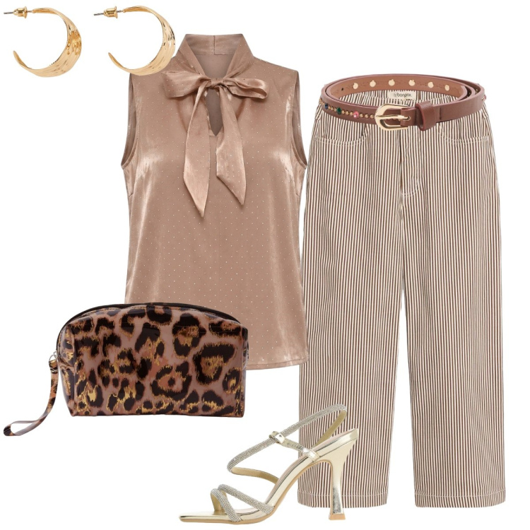 Outfit donna - Eleganza vista mare. Stile Chic per Serata fuori. Abbinamento con pantaloni, orecchini, sandali col tacco, pochette, cinture, top.