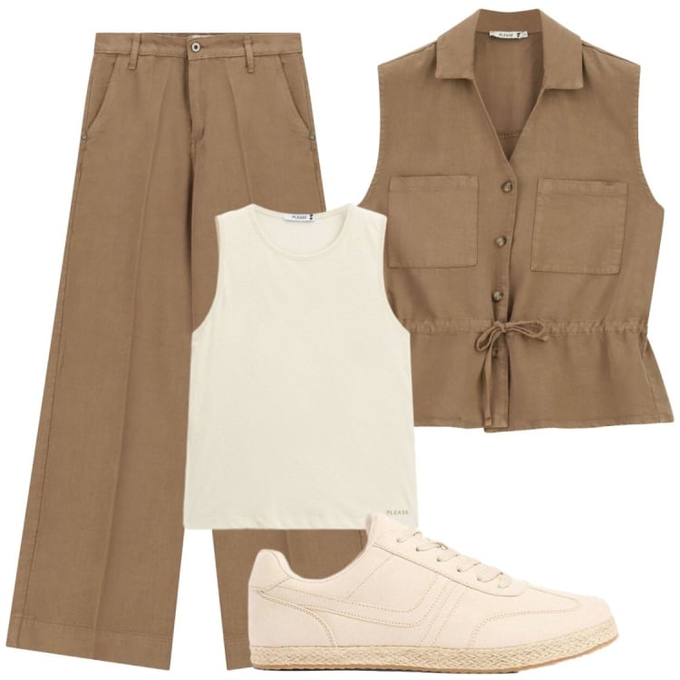 Outfit donna - Rientri in ufficio. Stile Chic per Ufficio. Abbinamento con sneakers, gilet, pantaloni a palazzo, top.