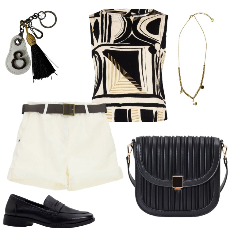 Outfit donna - Total look #2454885. Stile Casual chic per Tutti i giorni. Abbinamento con mocassini, shorts, top, borse a tracolla, ciondoli, portachiavi.