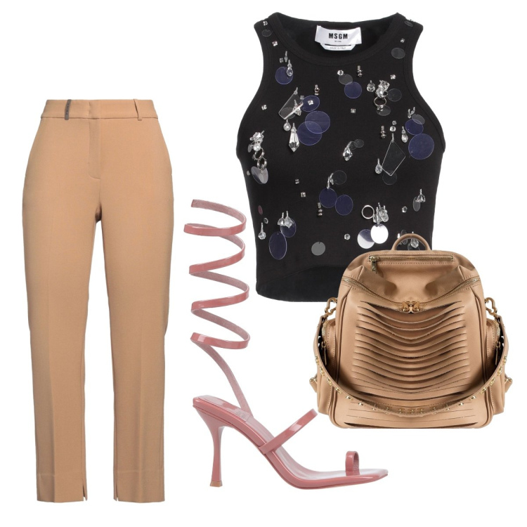Outfit donna - Pantaloni classici + top estroso. Stile Trendy per Tutti i giorni. Abbinamento con infradito, top, pantaloni, zaini.