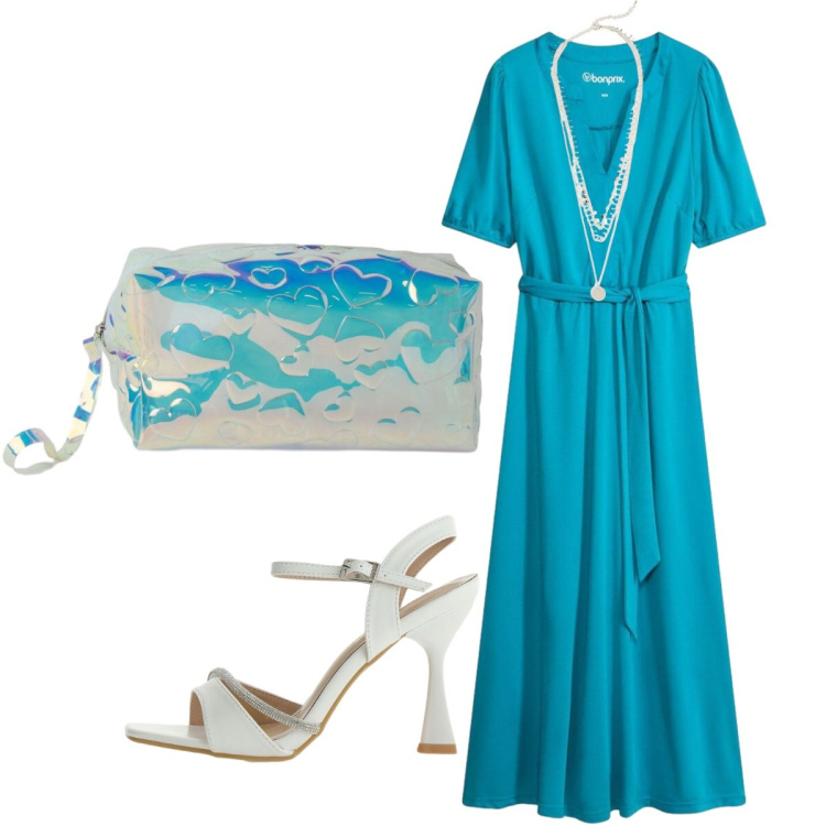 Outfit donna - Chic in turchese. Stile Chic per Serata fuori. Abbinamento con collane, vestiti midi/longuette, sandali gioiello, pochette.