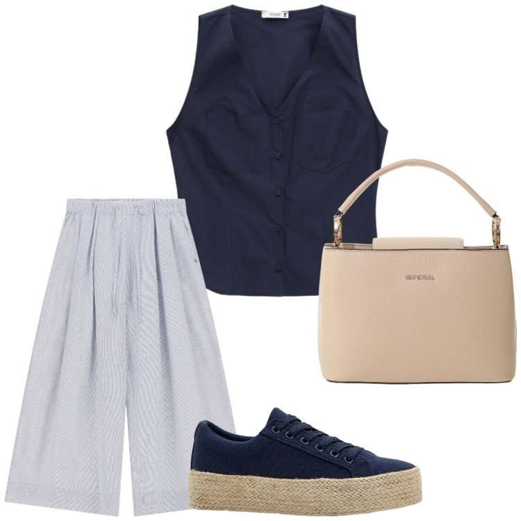 Outfit donna - Di corsa in in citta. Stile Chic per Ufficio. Abbinamento con sneakers, borse a secchiello, camicie, pantaloni a palazzo.