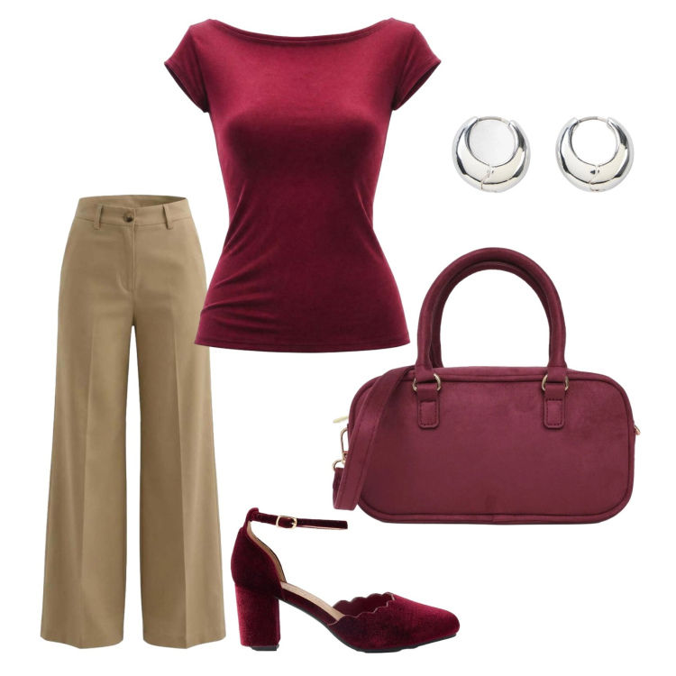Outfit donna - Total look #2454889. Stile Chic per Serata fuori. Abbinamento con orecchini, décolleté, borse a tracolla, top, pantaloni a palazzo.