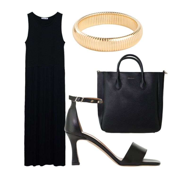Outfit donna - Agosto. Stile Chic per Serata fuori. Abbinamento con braccialetti, borse a tracolla, sandali col tacco, vestiti lunghi.