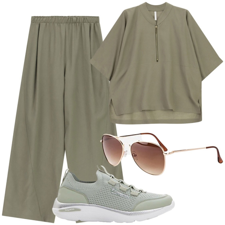 Outfit donna - Passeggiate nei boschi. Stile Casual per Tutti i giorni. Abbinamento con occhiali da sole, sneakers, camicie, pantaloni a palazzo.